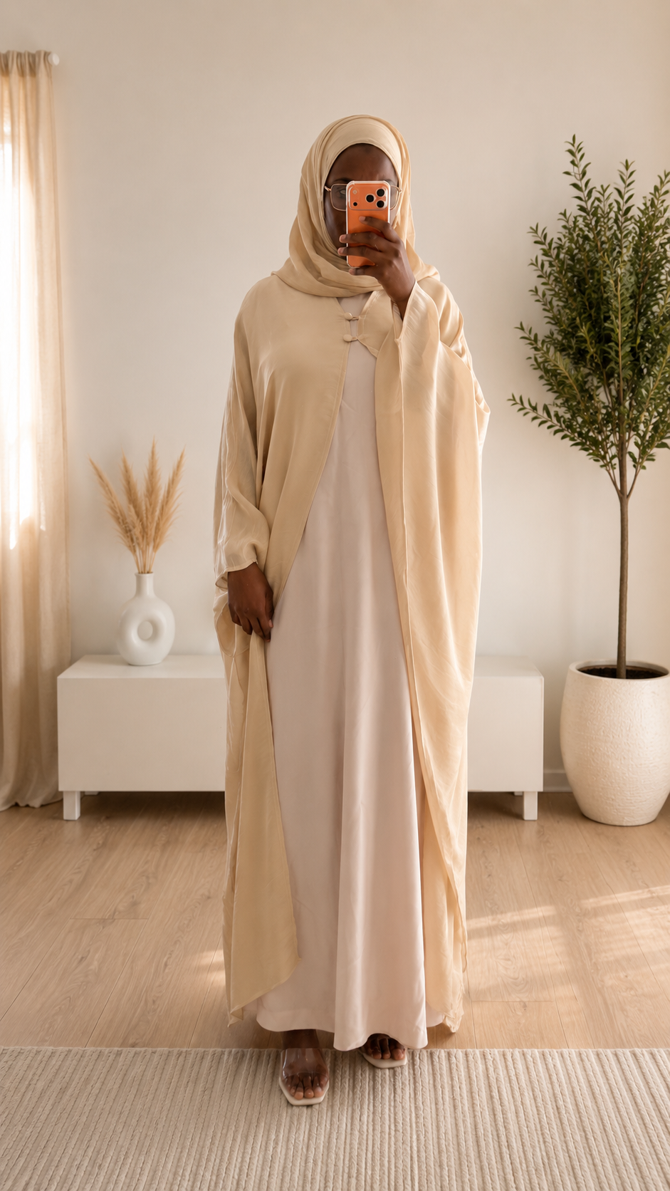 Abaya Zaïneb rose poudré - Ensemble 3 pièces